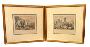 lot 84D image: LR - Pair of Antique Colored Etchings Pont du Gard and Church of Notre Dame, Framed