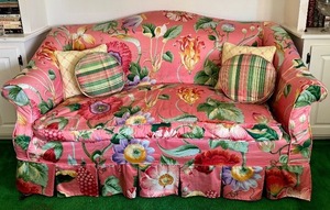 lot 86D image: LR - Vintage Floral Sofa with Skirted Base and Accent Pillows