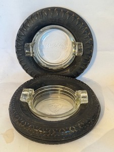 lot 100D image: LR - Pair of Vintage Glass Advertising Tire Ashtrays by Firestone The Mark of Quality
