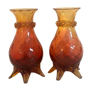 lot 42R image: MB - Pair of Antique Hand Blown Amberina Glass Vases with Rigaree