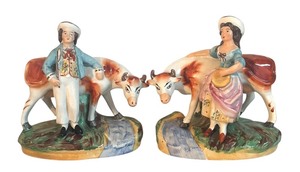 lot 44R image: MB - Pair of Vintage Old Staffordshire Ware England Figurines with Cows