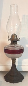 lot 49R image: MB - Vintage Oil Lamp with Red Band and Decorative Base