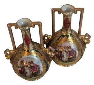 lot 58R image: MB - Pair of Vintage Austrian Porcelain Vases with Gilt Handles and Figural Scene