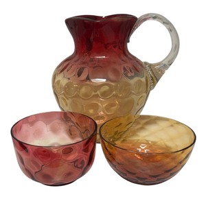 lot 85R image: MB - Vintage Blown Glass Pitcher and Two Bowls Amberina Dot Pattern