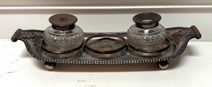 lot 91R image: MB - Vintage Silver Plated Ink Well Stand with 2 Glass Bottles