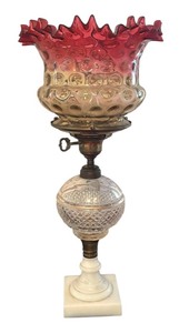 lot 93R image: MB - Vintage Cranberry Opalescent Hobnail Glass Lamp with Marble Base