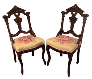 lot 129R image: BR - Pair of Antique American Empire Mahogany Needlepoint Chairs