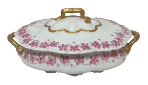 lot 131R image: MB - Vintage Haviland France Porcelain Covered Dish with Floral Trim