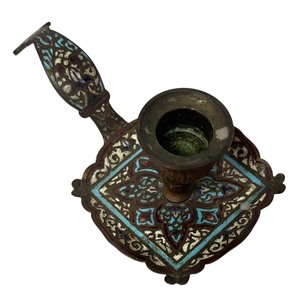 lot 139R image: MB - Vintage Enamel and Brass Candle Holder with Ornate Handle