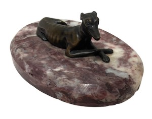 lot 163R image: MB - Vintage Bronze Whippet Dog Figurine Paperweight on Marble Base