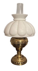 lot 225R image: MB - Vintage Brass and Milk Glass Oil Lamp