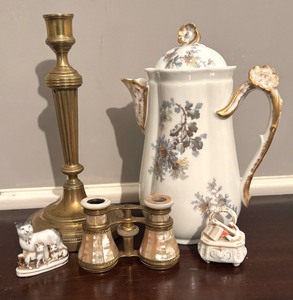 lot 233R image: MB - Vintage Brass Candle Holder, Antique Porcelain Fairing Box, Figurine Opera Glasses and More