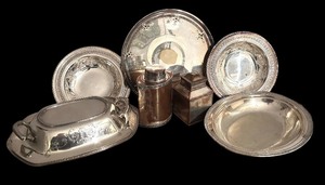 lot 240R image: BR - Collection of Silver Plated Serving Pieces including Platters, Bowls, Casserole Dish and More