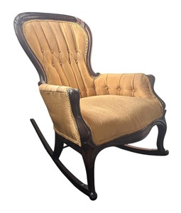 lot 242R image: BR -Antique Upholstered Rocking Chair with Carved Wood Frame