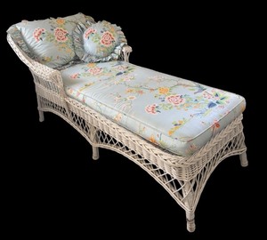 lot 243R image: BR - Vintage White Wicker Lounge Chair with Floral Cushions