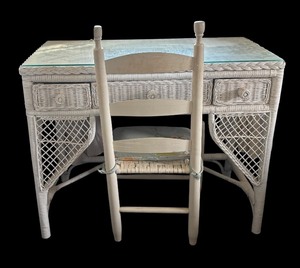 lot 244R image: BR - Vintage White Wicker Desk with Glass Top and Chair
