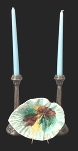 lot 248R image: BR - Vintage Silver Candleholders and Majolica Leaf Dish