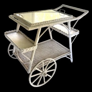 lot 255R image: P - Vintage White Wicker Serving Cart with Glass Top