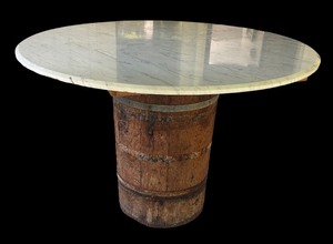 lot 263R image: P - Vintage Marble Top Round Table with Wooden Barrel Base