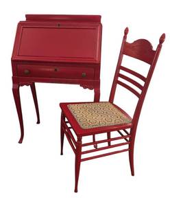 lot 10R image: FR - Vintage Red Secretary Desk with Coordinating Chair