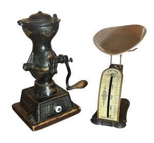 lot 305R image: FR - Vintage Cast Iron Coffee Grinder and Metal Confectionery Scale Set