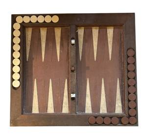 lot 306R image: FR - Vintage Wooden Backgammon Game Board with Playing Pieces and Dice