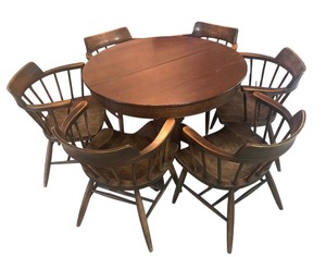 lot 25R image: K - Vintage Round Wood Dining Table with 6 Chairs