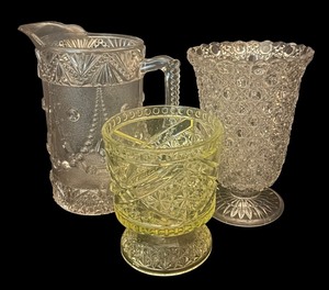 lot 396R image: FR - Set of 3 Vintage Pressed Glass Pitchers and Vase Assortment