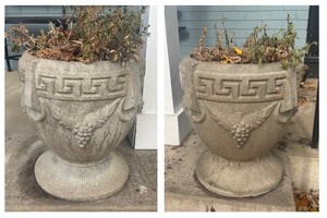 lot 429R image: FP - Pair of Cement Planter Pots with Greek Key and Grape Motif