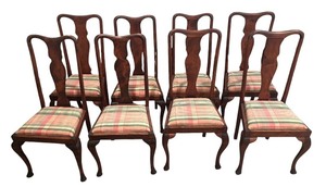 lot 23R image: LL - Set of 8 Vintage Queen Anne Style Dining Chairs with Plaid Upholstered Seats