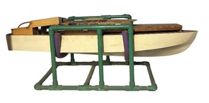 lot 544R image: LL - Large Vintage Wooden Model Boat in Display Stand