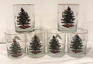 lot 548R image: LL - Set of 6 Christmas Tree Glasses with Gold Rims