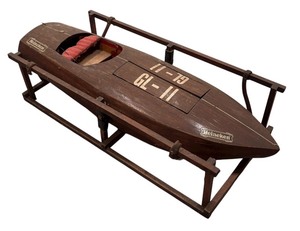 lot 554R image: LL - Vintage Wooden Model Boat with Stand and Heineken Decals