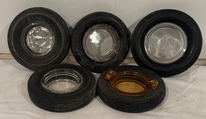 lot 572R image: LL - Set of 5 Vintage Tire Ashtrays including Firestone, US Rubber Company and More