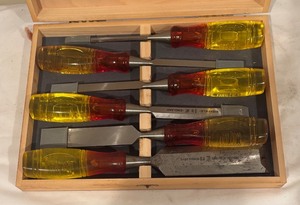 lot 573R image: LL - Sheffield Marples England 6-Piece Chisel Set with Wooden Case