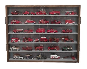 lot 576R image: LL - Collection of Vintage Diecast Fire Trucks with Display Case