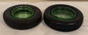 lot 579R image: LL - Pair of Vintage Uranium Glass Tire Ashtrays by Firestone and Goodyear