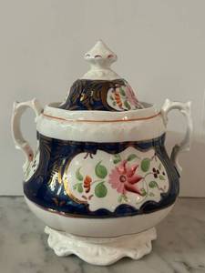 lot 116C image: LR - Antique Mid-19th Century Antique Victorian Gaudy Welsh Pottery Sucrier and Cover in the Columbine Pattern