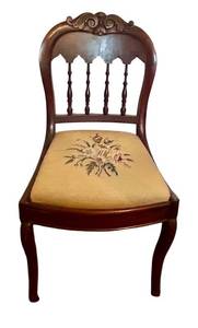 lot 152C image: DR - Antique Wooden Chair with Floral Needlepoint Seat