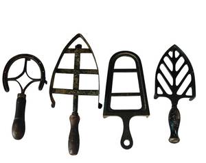 lot 159C image: LR - Set of 4 Antique Cast Iron Sad Iron Trivets with Handles