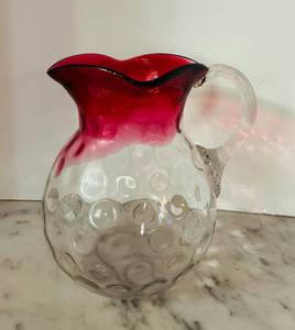 lot 205C image: LR - Vintage 8-Inch Cranberry Coin Dot Art Glass Pitcher