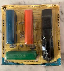 lot 207C image: K - Vintage All-Metal Train Set with Locomotive and 3 Cars in Original Packaging