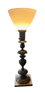 lot 403C image: LR - 22 inch Ornate Brass Table Lamp with Frosted Glass Shade