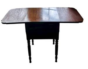 lot 404C image: LR - Vintage Drop-Leaf Wooden Side Table with Two Drawers and Turned Legs