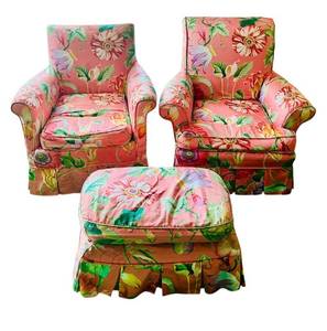lot 405C image: LR - Pair of Floral Upholstered Armchairs with Matching Ottoman