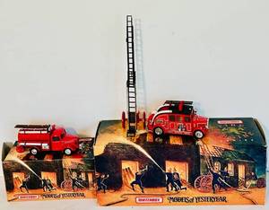 lot 407C image: LR - Matchbox Models of Yesteryear Fire Truck Diecast Lot with Ladder and Original Boxes