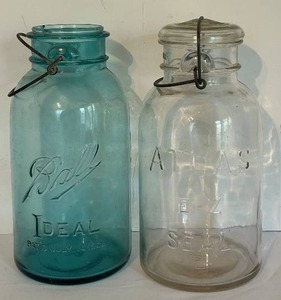 lot 410C image: LR - Set of 2 Vintage Ball Ideal and Atlas EZ Seal Glass Jars 10 Inch