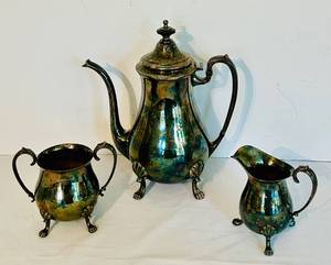 lot 418C image: LR - Crescent Silverplate Tea Set with Coffee Pot, Sugar Bowl, and Creamer