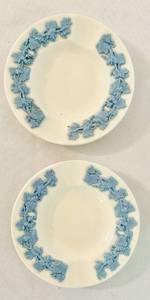 lot 420C image: LR - Pair of Vintage Wedgwood Queensware 4 Inch Plates with Blue Relief
