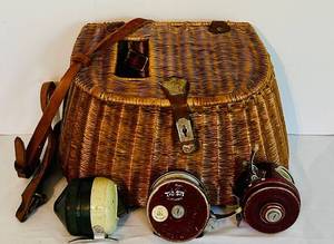 lot 443C image: LR - Vintage Wicker Creel Basket with Leather Strap and 3 Fishing Reels